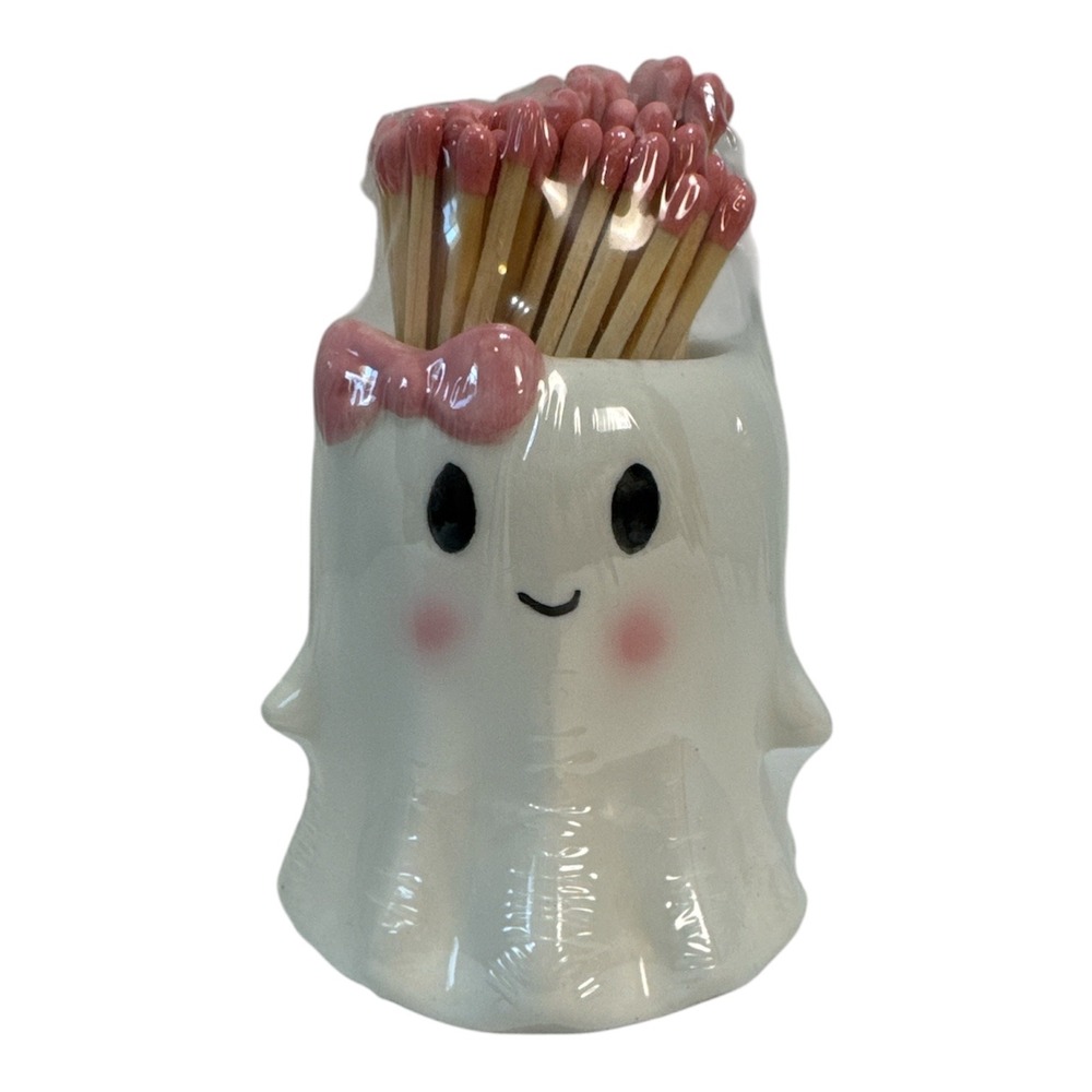 Aldi Ceramic Ghost Match Striker Holder with Pink Bow and Matches Decor NEW